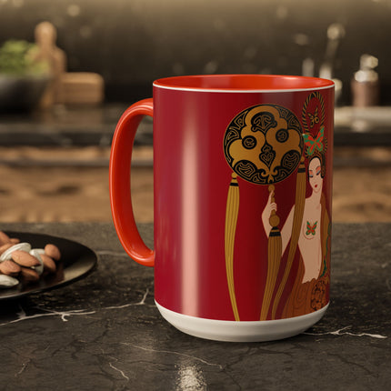 Butterfly Empress of the Crimson Pavilion Colorful Mug (11oz, 15oz) – Art Deco Beauty, Butterfly Elegance & Ornamental Style