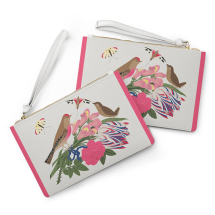 Pink-Breasted Bird & Wren Clutch Bag – Elegant Joy & Springtime Charm