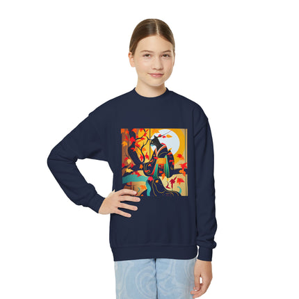 Black Cat in Kimono Youth Crewneck Sweatshirt