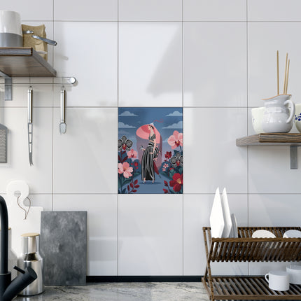 🌸🖤 The Striped Orchid Promenade Ceramic Tile – Art Deco Floral Fashion