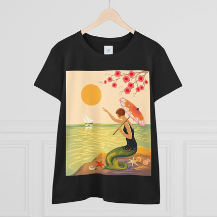 🧜‍♀️🌸 The Mermaid Beneath The Blossoms Cotton Tee – Art Deco Seaside Fantasy