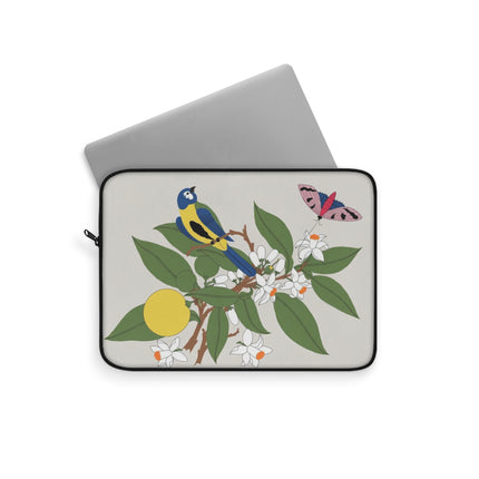 Blue Tit & Butterfly Laptop Sleeve – Elegant Charm & Springtime Grace