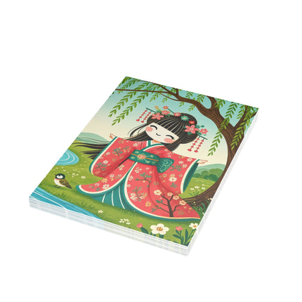 🌸🐦 The Willow Garden Maiden Greeting Card – Whimsical Japanese Garden