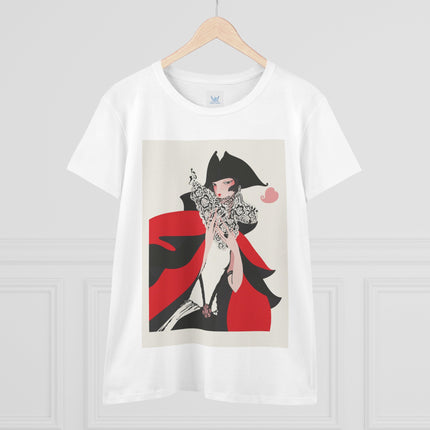 Crimson Masquerade Women's Midweight Cotton Tee – Dramatic Elegance & Art Deco Mystery