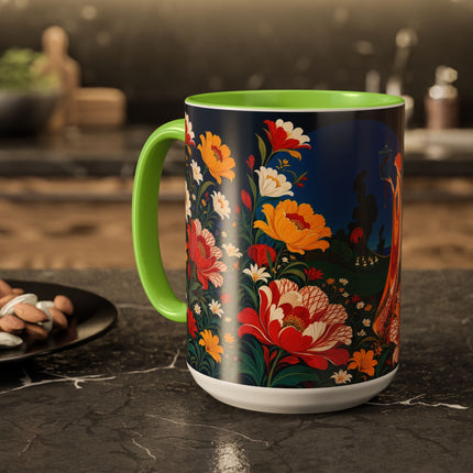 🌺🐦 The Enchanted Birdcage Garden Colorful Mug – Art Deco Floral Fantasy