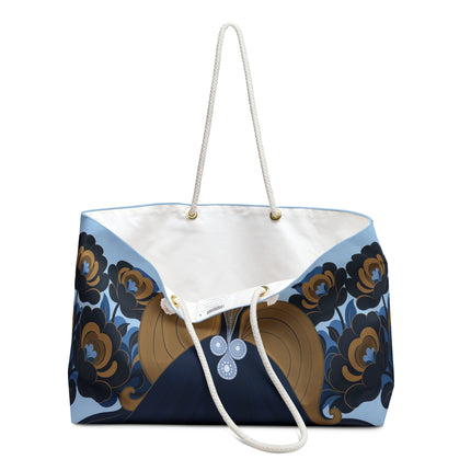 💙🌼 The Golden Floral Empress Weekender Bag – Art Deco Fashion Elegance