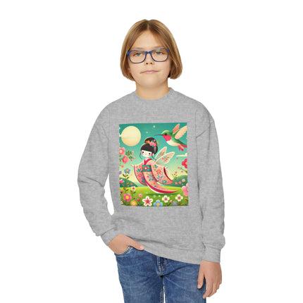 Geisha Fairy and the Hummingbird Blossom Youth Crewneck Sweatshirt – Magic, Grace & Dreamlike Beauty