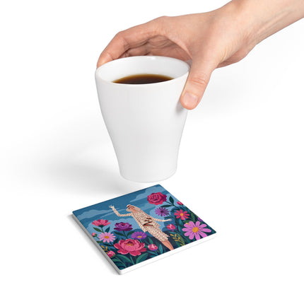 🌺👒 The Grand Flower Promenade Ceramic Coaster – Art Deco Fashion Illustration