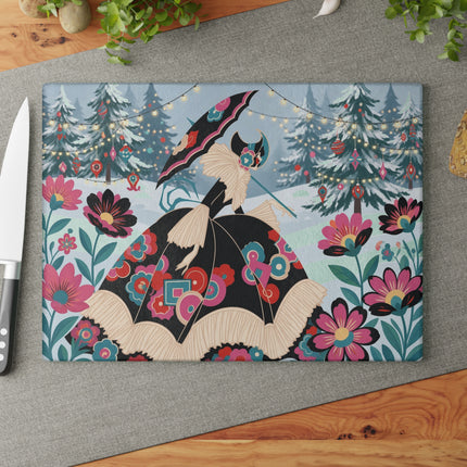 🌸❄️ The Lady Of The Winter Blossom Glass Cutting Board – Art Deco Holiday Fantasy