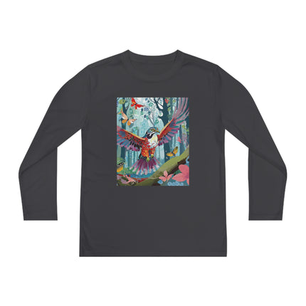 A Colorful Raptor Youth Long Sleeve Competitor Tee – Dino Adventure & Forest Wonder