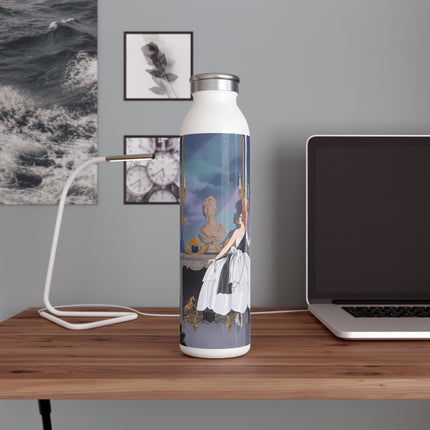🖤🪞 The Lady At The Midnight Mirror Slim Water Bottle – Art Deco Floral Elegance