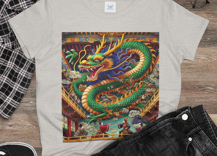 Tibetan Dragon Over Kabuki Duel Women's Midweight Cotton Tee
