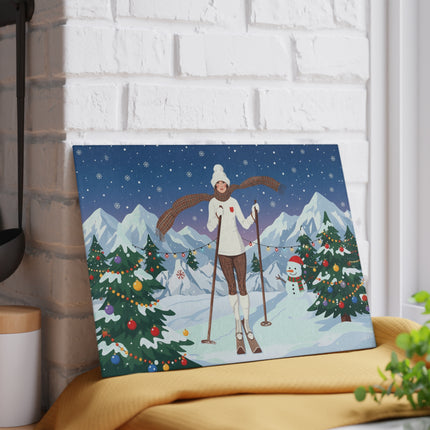 🎿🎄 The Christmas Mountain Skier Glass Cutting Board – Art Deco Winter Holiday Adventure
