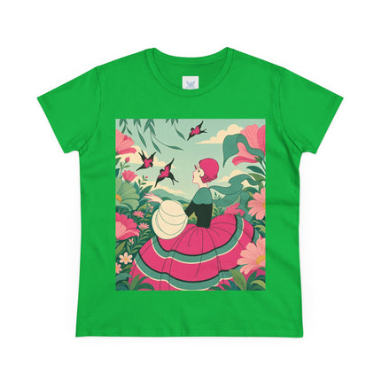 🐦🌺 The Garden Of Flying Birds Cotton Tee – Art Deco Floral Whimsy