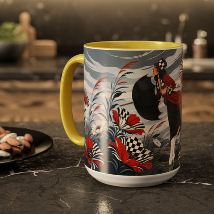 ☔🌹 The Scarlet Checkerboard Rainstorm Colorful Mug – Art Deco Floral Elegance