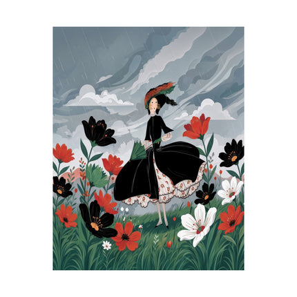 🌧️🌺 The Lady Of The Rainy Flower Meadow Matte Vertical Poster – Art Deco Floral Whimsy