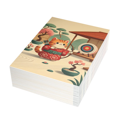 🏹🌸 The Cherry Blossom Archer Kitten Greeting Card – Whimsical Japanese Garden