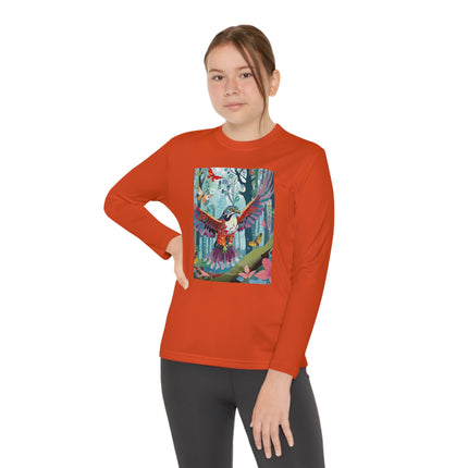 A Colorful Raptor Youth Long Sleeve Competitor Tee – Dino Adventure & Forest Wonder