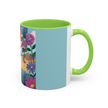 The Lady Of The Coral Parasol Colorful Mugs – Art Deco Coastal Elegance