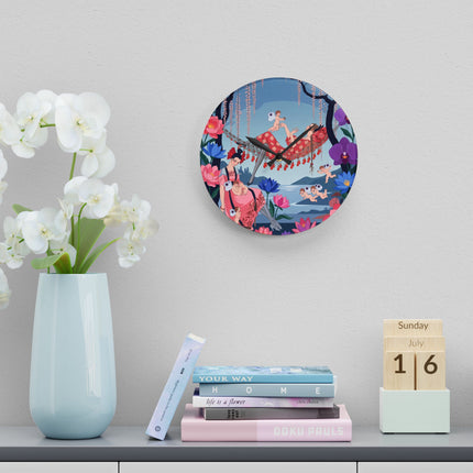 🌸🪽 The Garden Of Little Cupids Acrylic Wall Clock – Art Deco Floral Fantasy