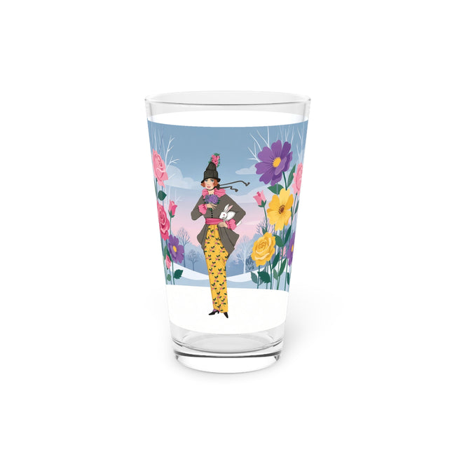 🐇🌹 The Lady With The White Rabbit Pint Glass – Art Deco Winter Garden