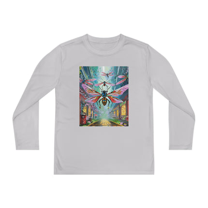Neon Swarm Youth Long Sleeve Competitor Tee – Cyberpunk Flight & Futuristic Energy