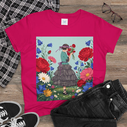 🌹💙 The Rose Bouquet Promenade Cotton Tee – Art Deco Floral Whimsy