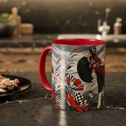 ☔🌹 The Scarlet Checkerboard Rainstorm Colorful Mug – Art Deco Floral Elegance