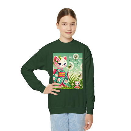 Geisha Kitten and the Dandelion Wish Youth Crewneck Sweatshirt – Gentle Magic, Dreams & Quiet Beauty