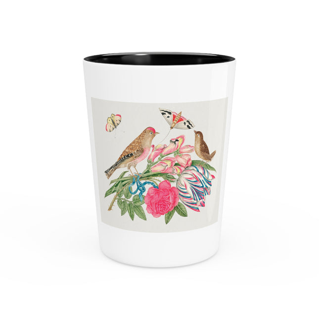 Pair of Brown Birds on Bouquet with Tulip, Rose, Snapdragons, and Butterflies by Anonymous Ceramic Shot Glass