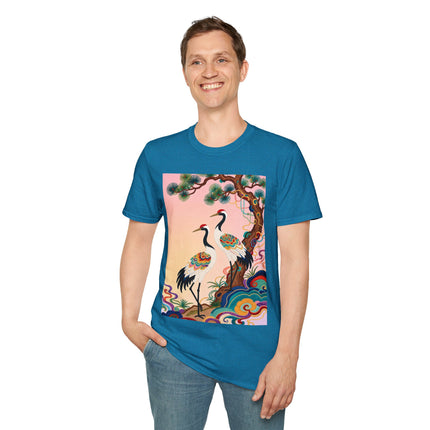 🐦🌸 The Enchanted Crane Garden Softstyle T-Shirt – Oriental Elegance & Colorful Harmony