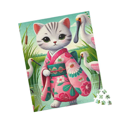 Geisha Kitten Strolls Among the Spoonbills Puzzle (110, 252, 520-piece)