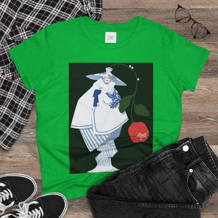 Blue & White Porcelain Geisha Women's Midweight Cotton Tee – Refined Elegance & Timeless Charm