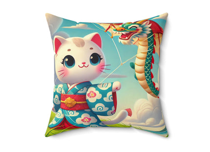 Geisha Kitten and the Dragon Kite Spun Polyester Square Pillow