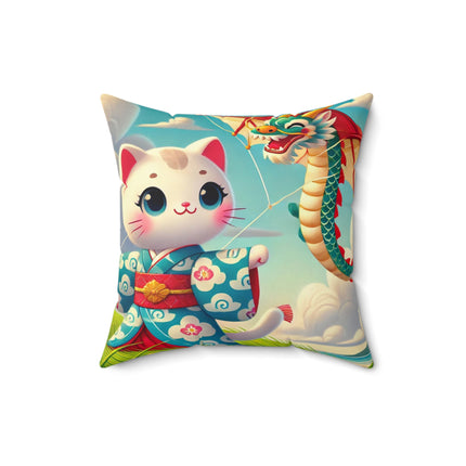 Geisha Kitten and the Dragon Kite Spun Polyester Square Pillow
