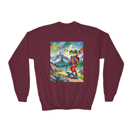 Skateboarding Frog Youth Crewneck Sweatshirt – Playful Energy & Colorful Adventure