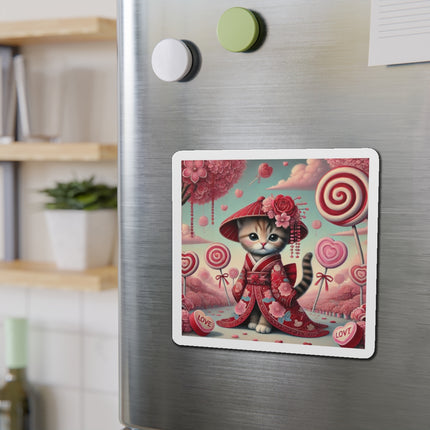 Whimsical Geisha Kitten in a Valentine Garden Die-Cut Magnets (5 Sizes)