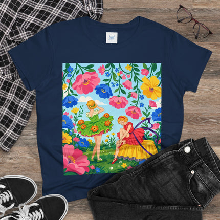 🌸🧚 The Fairies In The Flower Garden Cotton Tee – Art Deco Floral Whimsy