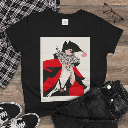 Crimson Masquerade Women's Midweight Cotton Tee – Dramatic Elegance & Art Deco Mystery