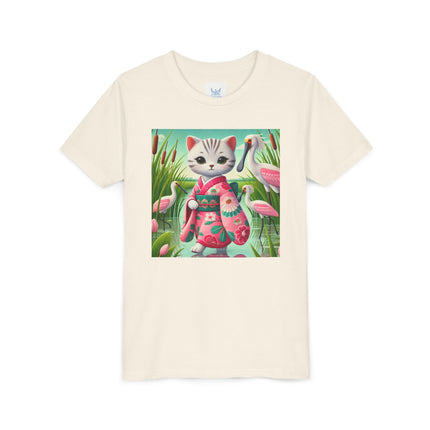Geisha Kitten Strolls Among the Spoonbills Youth Short Sleeve Tee