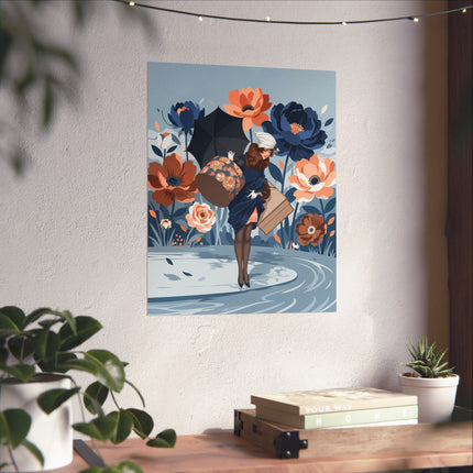 ☂️🌸 The Lady Of The Grand Floral Journey Matte Vertical Poster – Art Deco Fashion Illustration