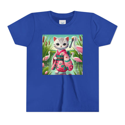 Geisha Kitten Strolls Among the Spoonbills Youth Short Sleeve Tee