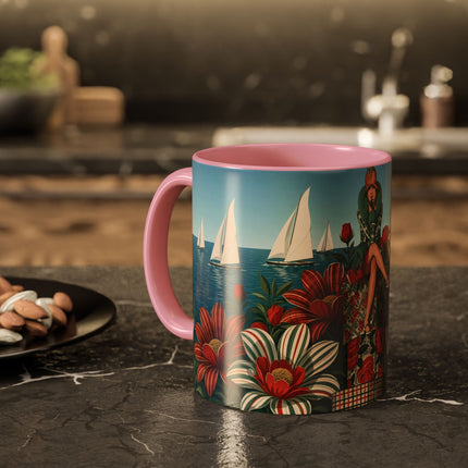 ⛵🌹 The Seaside Rose Traveler Colorful Mug – Art Deco Floral Elegance