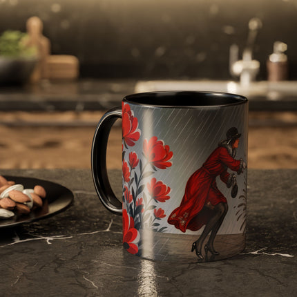 ☔🌹 The Scarlet Rainstorm Promenade Colorful Mug – Art Deco Motoring Elegance