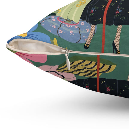 🌸🪞 The Lady Of The Floral Parasol Square Pillow – Art Deco Garden Whimsy