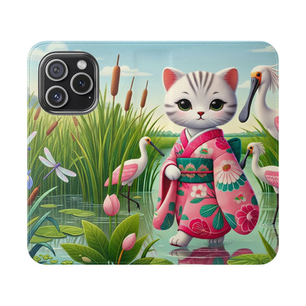 🦩🌸 Geisha Kitten Strolls Among the Spoonbills Flip Case – Serene Grace & Marshland Wonder