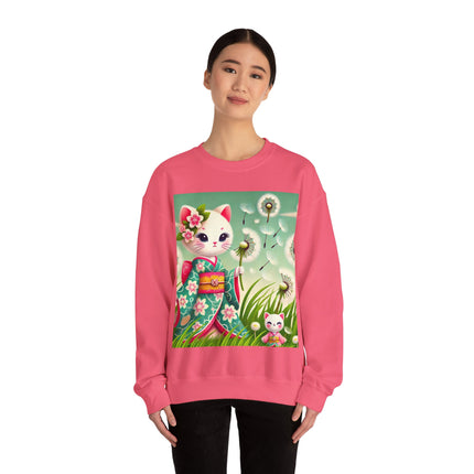 Geisha Kitten and the Dandelion Wish Heavy Blend™ Crewneck Sweatshirt