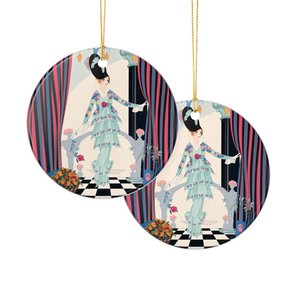 🌹🎭 The Lady Between The Curtains Ceramic Ornament – Art Deco Floral Theatre