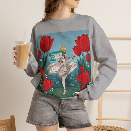 🌷🩰 The Scarlet Tulip Ballet Crewneck Sweatshirt – Art Deco Floral Whimsy