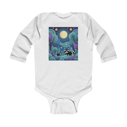 Enchanted Nighttime Raccoons Baby Long Sleeve Bodysuit – Whimsical Forest Night Sky Design